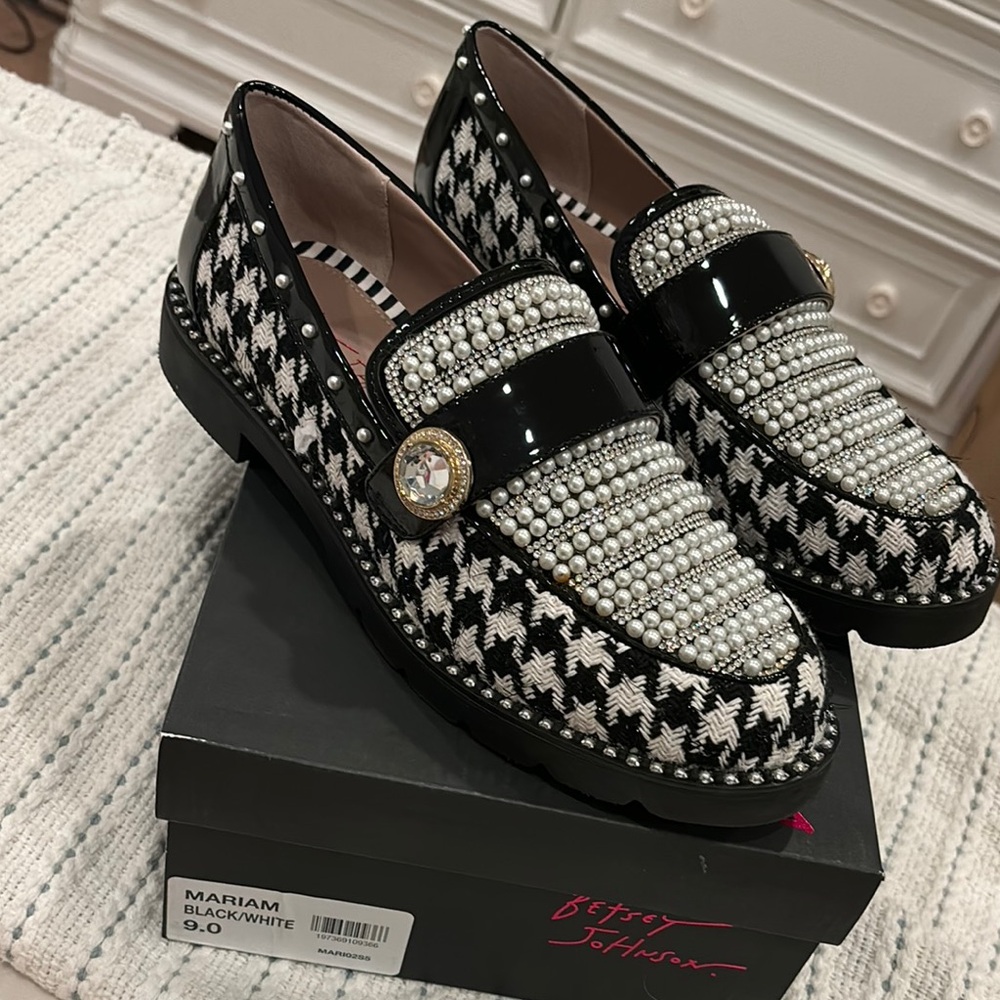 Black and White Houndstooth Loafers with Pearl & Rhinestone Embellishments